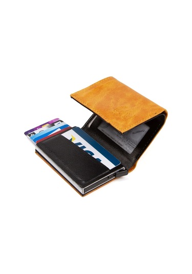 Tuldar Erkek Rfıd Otomatik Çekim Koruyucu Mekanizmalı Kağıt Para Bölmeli Hediyelik Kartlık Cüzdan Tul601 - Turuncu