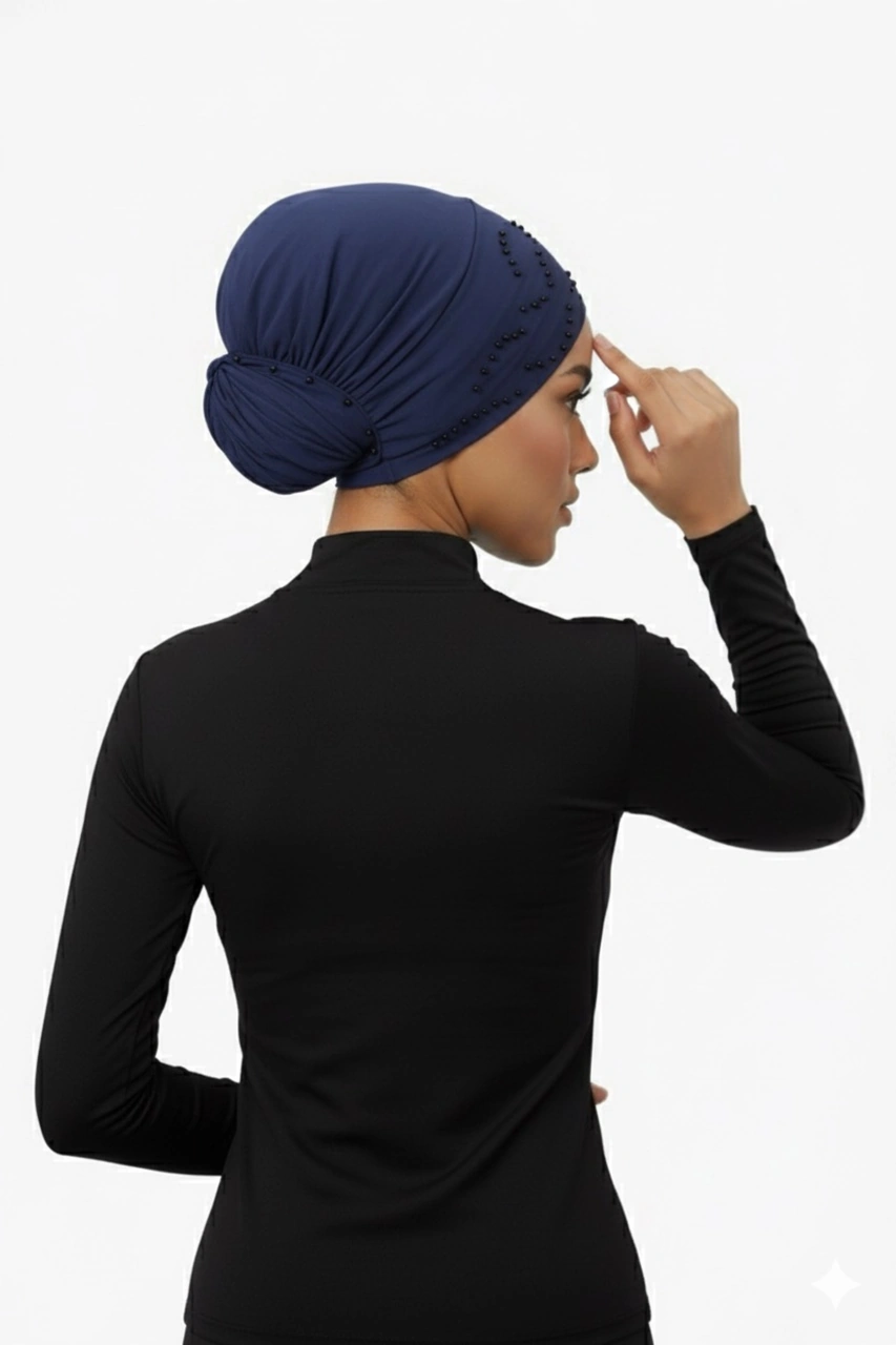 Topuzlu Lacivert Hazır Türban Tesettür Bone Lacivert
