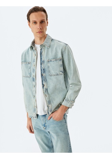 Koton Düğmeli Cep Detaylı Pamuklu Kot Gömlek Ceket Açık İndigo 5sam50011nd Açık İndigo