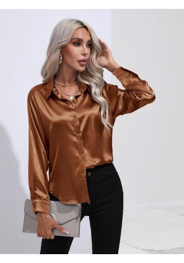 Koyu Kahverengi İlkbahar Ve Sonbahar Kadın Gömlek Saten Gömlek Mizaç Banliyö Uzun Kollu Üst Koyu Kahverengi Koyu Kahverengi İlkbahar Ve Sonbahar Kadın Gömlek Saten Gömlek Mizaç Banliyö Uzun Kollu Üst Koyu Kahverengi