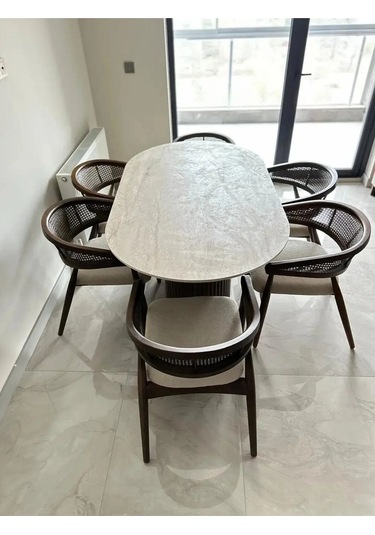 Luis 6 Sandalyeli İskandinav Tarzı Oval Masa Takım Krem