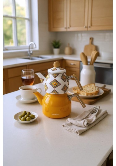 Bambum Unique - Bambu Kulplu Emaye Çaydanlık Takımı Hardal