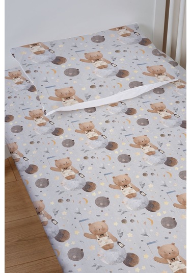 Organik Bebek Boy Lastikli Çarşaf Seti 80x140 - Uzayda Ayı