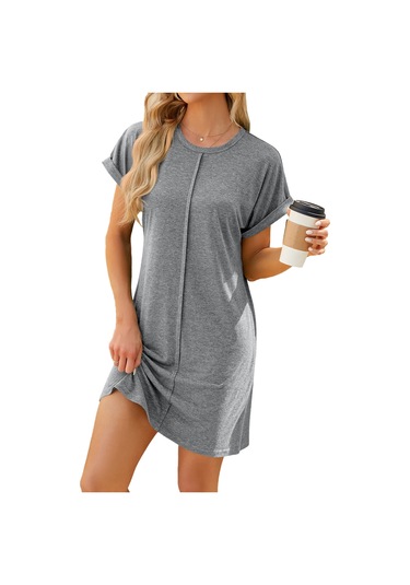 Sones Kadın Organik Pamuk Kısa Kollu Midi Elbise Rahat Bol Kesim Saf Renk İlkbahar Yaz Elbisesi Açık Gri