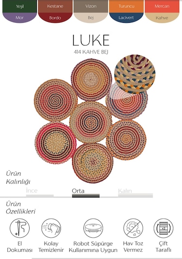 Cool Halı Luke 414 Renkli Yuvarlak Halı Bohem Örgü Hasır Kilim Dekoratif Mutfak Balkon Banyo Halısı