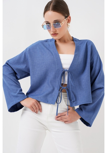 Bigdart Önü Bağlamalı Keten Kimono 960 - İndigo