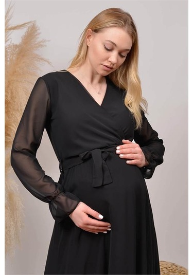 Kadın Beyaz Baby Shower Şifon Hamile Elbise Dphml003 Siyah