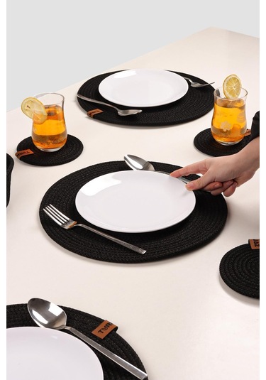 6 Adet Jüt Supla / Amerikan Servis Lux Sunum Tabak Altlığı, Sunum Supla Çeyiz Takımı Örgü Tabak Altı Yanmaz Siyah