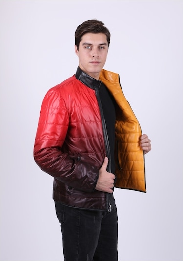 New Zaya Leather Erkek Şişme Sarı Deri Ceket Sarı