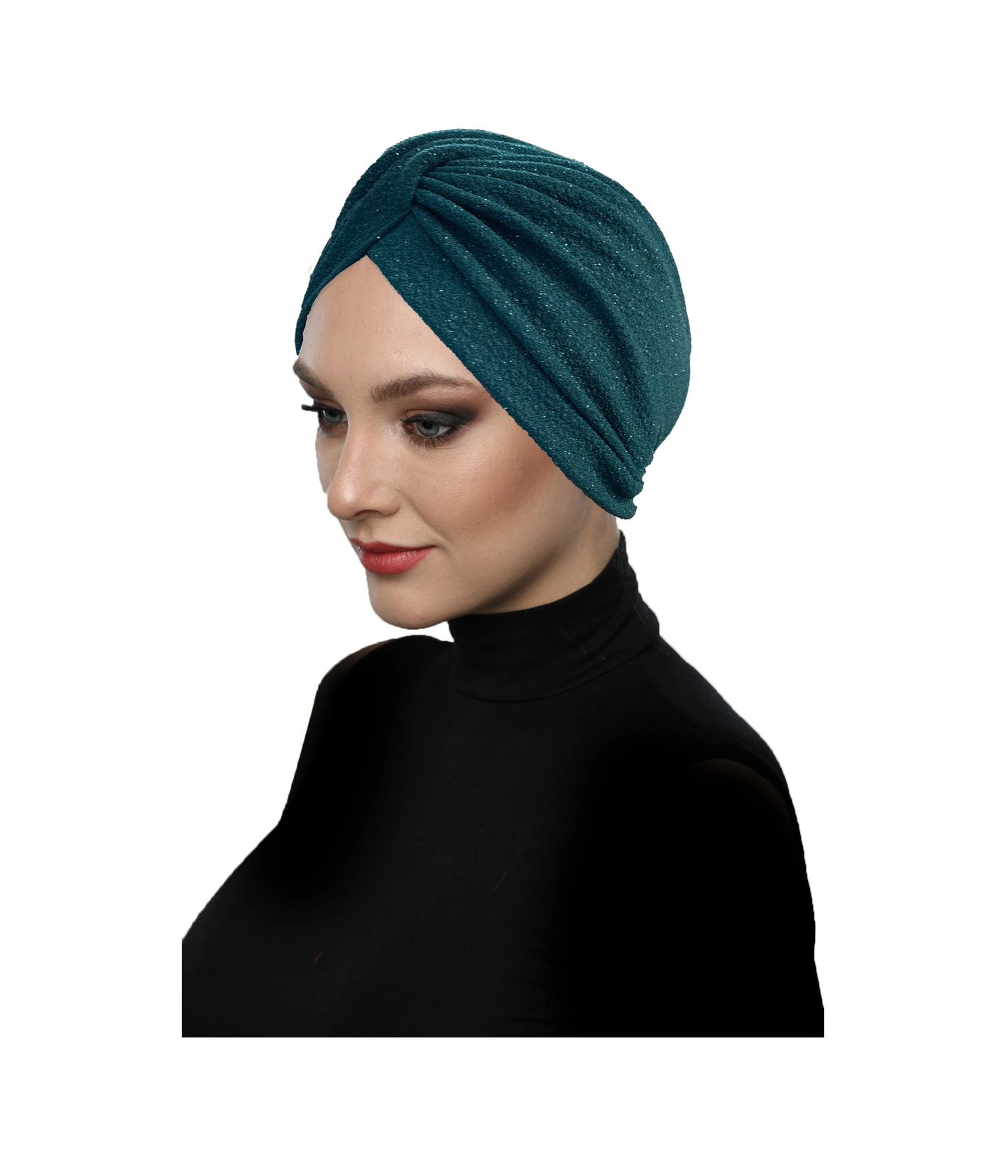 Çapraz Fukuro Simli Astarlı Yeşil Hazır Türban Tesettür Abiye Bone Yeşil