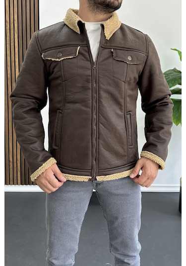 Erkek İçi Kürklü Suni Pul Deri Mont Kahverengi Edw120-kahverengi Kahverengi