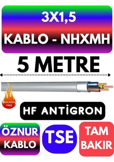 Öznur 3x1,5 Nhxmh Alev İletmez Kablo Metre Seçenekli Gri - 5 Metre