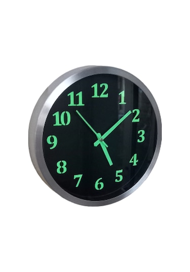 Fosforlu Gece Karanlıkta Parlayan Metal Duvar Saati Çap 30 Cm Siyah