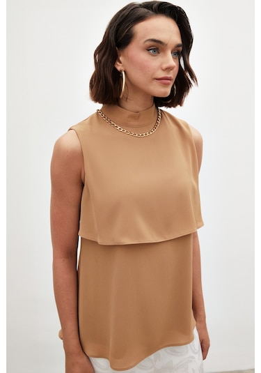 Sateen Aksesuar Detaylı Volanlı Bluz - Camel