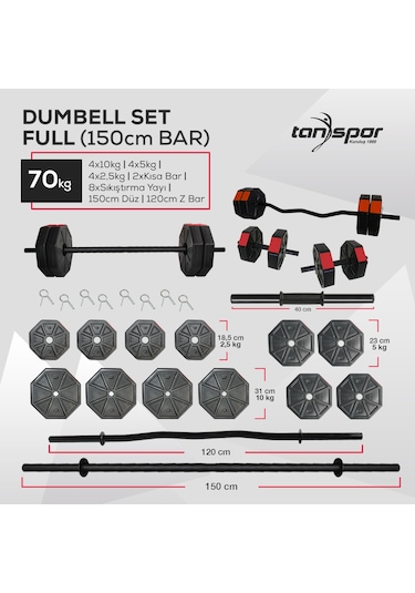 Tan Spor 70 KG Dambıl Halter Ağırlık Full Kısa + Düz + Z Bar Set Kırmızı Kapaklı