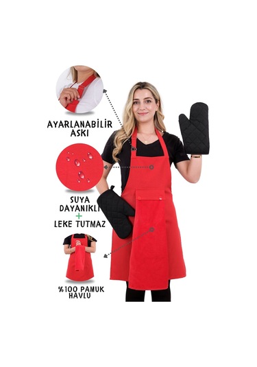 Star Ayar Askılı Havlulu 4lü Mutfak Önlüğü Seti 2 Eldiven Kırmızı-kırmızı-siyah