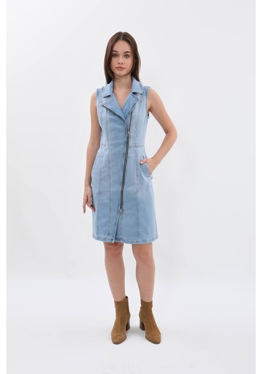 Kadın Açık Mavi Fermuarlı Jean Elbise Açık Mavi