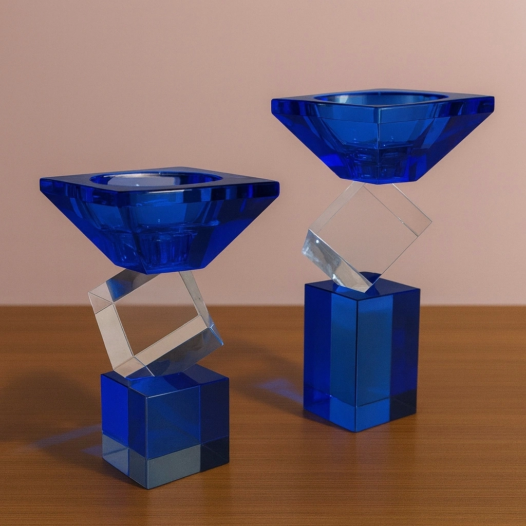 Kristal Geometrik 2 Li Şamdan Seti Mavi 20x9