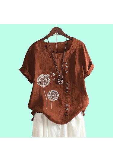 Kadın Günlük Çiçek Baskılı Bol Bluz Bayan Pamuk Keten Üst Moda Kısa Kollu Tişört Kahverengi