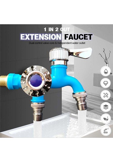 Xurunkeji 1/2 İnç Evrensel Arayüz Musluğu Çift Çıkışlı Çift Kontrol Su Musluğu Ev Banyo Hortumu Sulama Bağlantısı Mavi Mavi