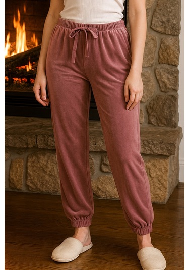 Kadın Paçası Lastikli Cep Detaylı Kadife Kumaş Tek Alt 503 Gül Kurusu Gül Kurusu