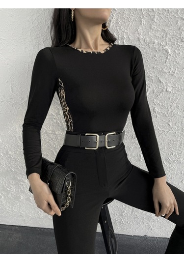 Kadın Uzun Kollu Leopar Şeritli Viskon Bluz Siyah