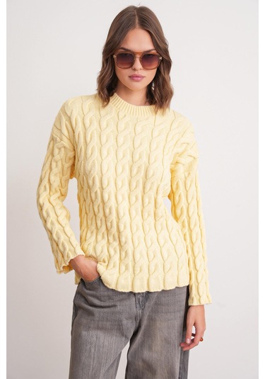 6973 Kadın Saç Örgülü Regular Basic Triko Kazak Pastel Sarısı Pastel Sarısı