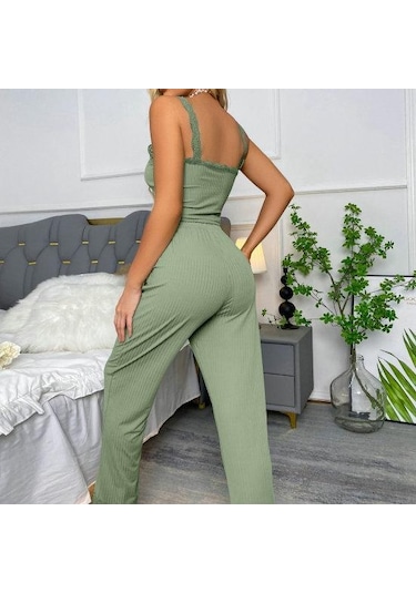 2 Adet/takım Pantolon Üst Takım Elbise Düşük Kesim V Yaka Kolsuz Düz Renk Büzgülü İpli Yüksek Elastik Bel Dantel Kadın Pijama Takımı Mor