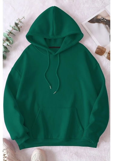 Pamuk Şardonlu Kapüşonlu Sweatshirt Yeşil