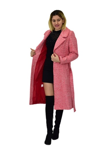 Kadın Pıtırcık Uzun Kaşe Kaban Bgl-st04121 Nar Çiçeği