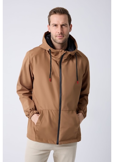 Freemen Erkek Taba Içi Astarlı Kanguru Cepli Su Ve Rüzgar Geçirmez Kapüşonlu Cepli Yağmurluk Taba