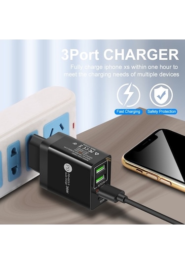 Sandwich 36w Mini Siyah Euro Şarj Cihazı, 3 Usb Qc 3.0 + Pd Hızlı Şarj, Seyahat Usb Adaptörü, 100-240v, Ev Ve Seyahat İçin