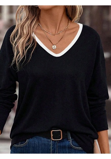 Tua Moda Kadın Uzun Kollu V Yakalı Viskon Iki Iplik Bluz Siyah