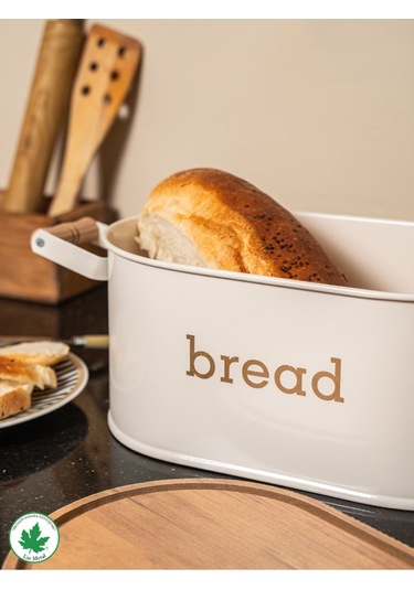 Ahşap Kapaklı Ahşap Kulplu Metal Ekmeklik Bread Baskılı - Krem Krem
