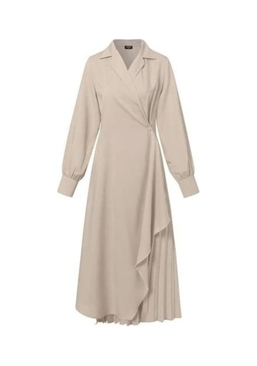Novahub Kadınlar Zarif Elbise Pileli Yaka Uzun Kollu Düz Renk Asimetrik Hem Örgün İş Ayak Bileği Uzunluğu Balo Ziyafet Örgün Durum Maxi Elbise Bej - Xl Bej