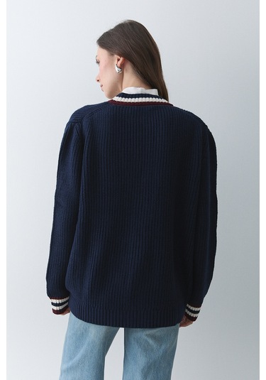 Lacivert - Bordo Renkli Cepli Hırka - 241143 Lacivert