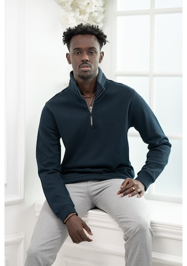 San&Fa Regular Fit Biyeli Fermuarlı Dik Yaka Armürlü Pamuklu Sweatshirt Lacivert