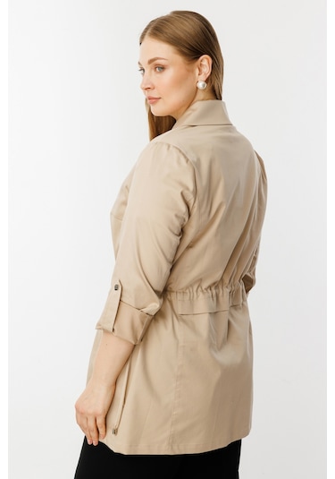 Ekol Kadın Büyük Beden Beli Lastikli Fermuarlı Trenç 7544 Taş Taş