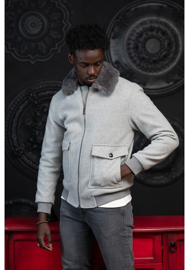 Slimfit Kürklü Sabit Yaka Beli Lastikli Astarlı Kaşe Mont Gri