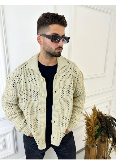 Elku Moda Hırka Oversize Özel Örgülü Triko Desenli Salaş Örgü Hırka Krem
