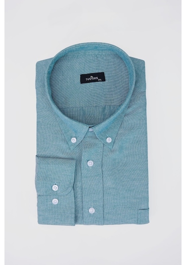 Tudors Büyük Beden Oxford Doku Yaka Düğmeli Cepli Nakışlı Petrol Erkek Gömlek-30425-petrol Petrol