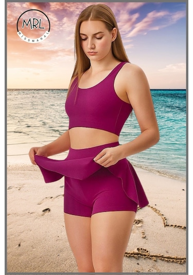 Kadın Şort Etekli Mayo Takım Üst Crop Sabit Pedli Çabuk Kuruyan Kumaş Plaj Giyim Mürdüm Takım Mürdüm