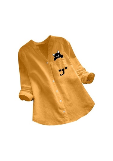 Sarı Kadın Üst Uzun Kollu Gevşek Sevimli Şık Baskılı Günlük Giyim İçin Rahat Kesim Gömlek Sarı