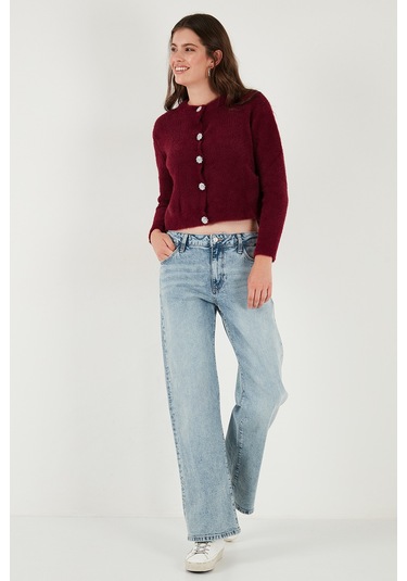 Lela Fitted Fit Bisiklet Yaka Yumuşak Dokulu Crop Bayan Hırka 4615559 Bordo