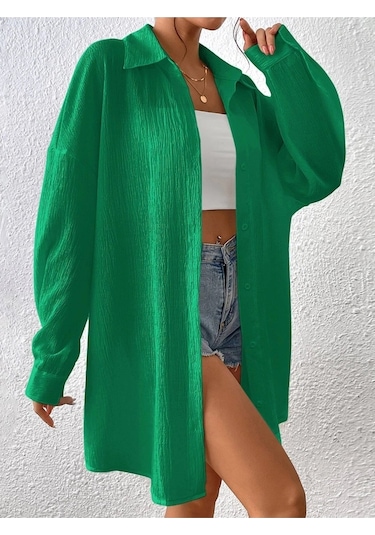 Know Kadın Yeşil Oversize Uzun Gömlek Yeşil