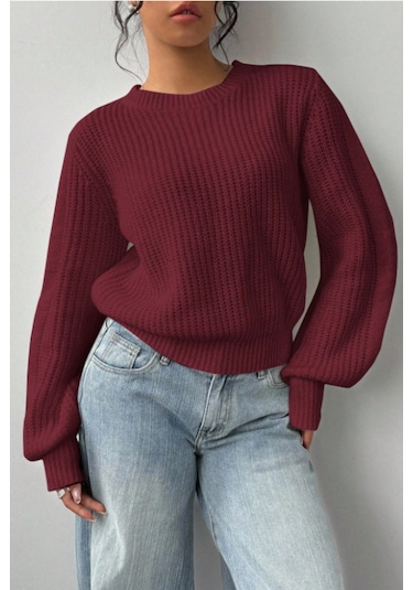 Tarz Cool Kadın Bordo Oversize Bisiklet Yaka Balon Kol Fitilli Triko Kazak Bordo