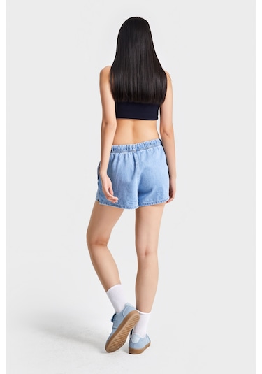 Itsbasic Kadın Mavi Renk 1s5-4 Mini Boy Bol Kesim Beli Lastikli %100 Koton Denim Şort