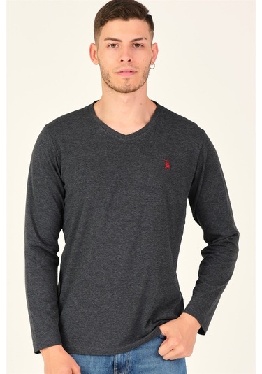 T8587 Dewberry V Yaka Erkek Uzun Kol T-shırt-koyu Antrasit Koyu Antrasit
