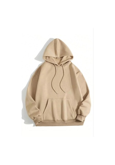 3 İplik Pamuklu Unisex Kapşonlu Sweetshirt - Bej Çok Renkli