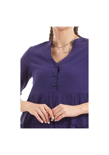 Kısa Kollu Mor Düğmeli Vual Yazlık Elbise